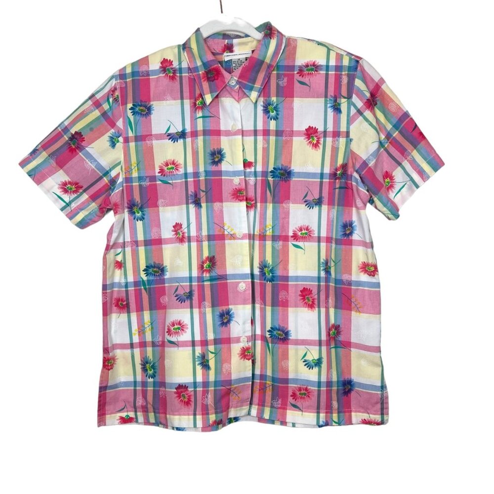 Alfred Dunner Vintage Shirt L‎ Floral Plaid Multicolor Button Down Size 14